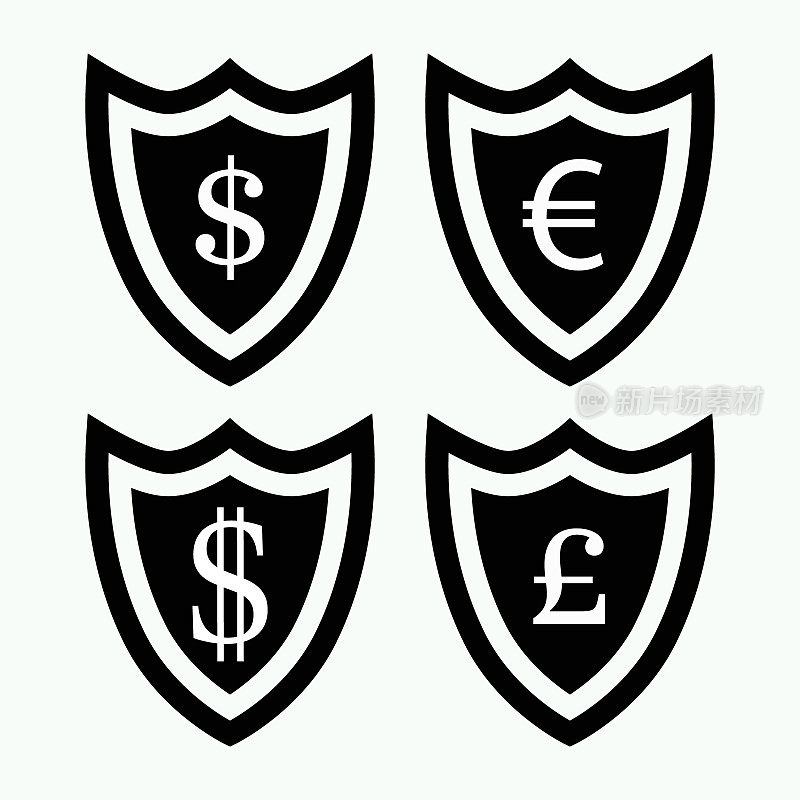Shield with black dollar, pound, euro. Secure paying with protection vector